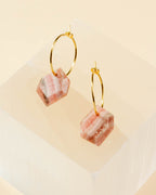 Geometry Mini Hoops in Rhodochrosite and gold-plated silver, with pink and white striped gemstones.