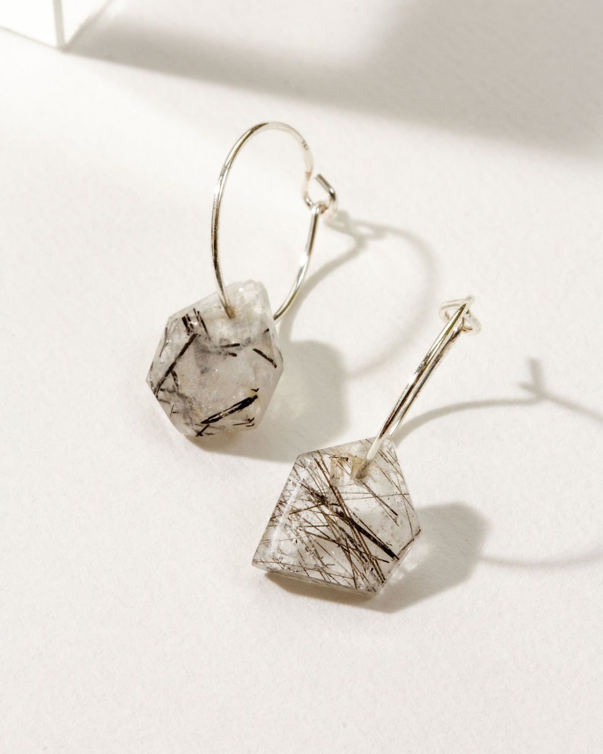Silver Geometry Mini Hoops with tourmalinated quartz and black needle-like inclusions