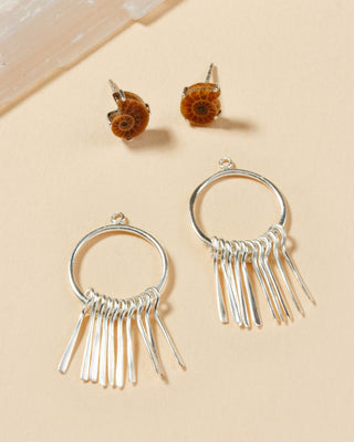 Pair of marine front/back earrings featuring ammonite posts and silver-tone fringe backs.