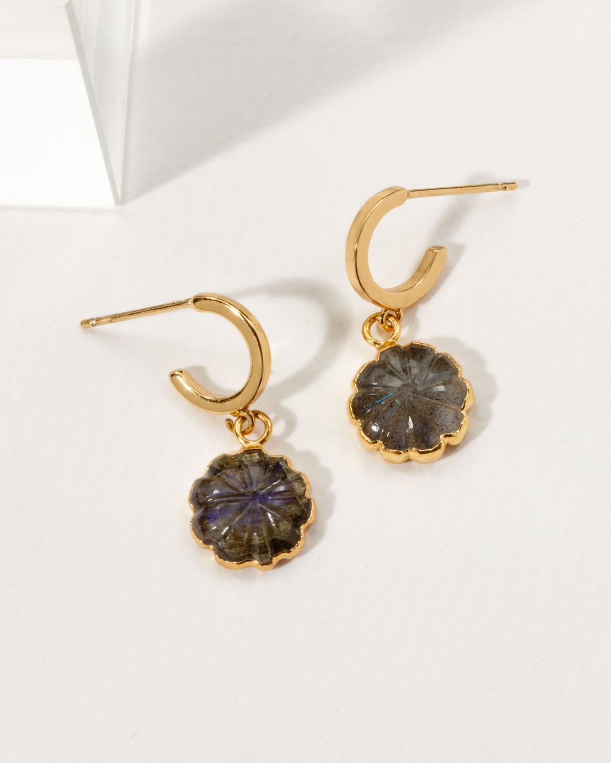 Flower Power charm earrings with labradorite stones in 14KT gold plated brass.