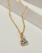 Detail of triangular dalmatian jasper pendant necklace