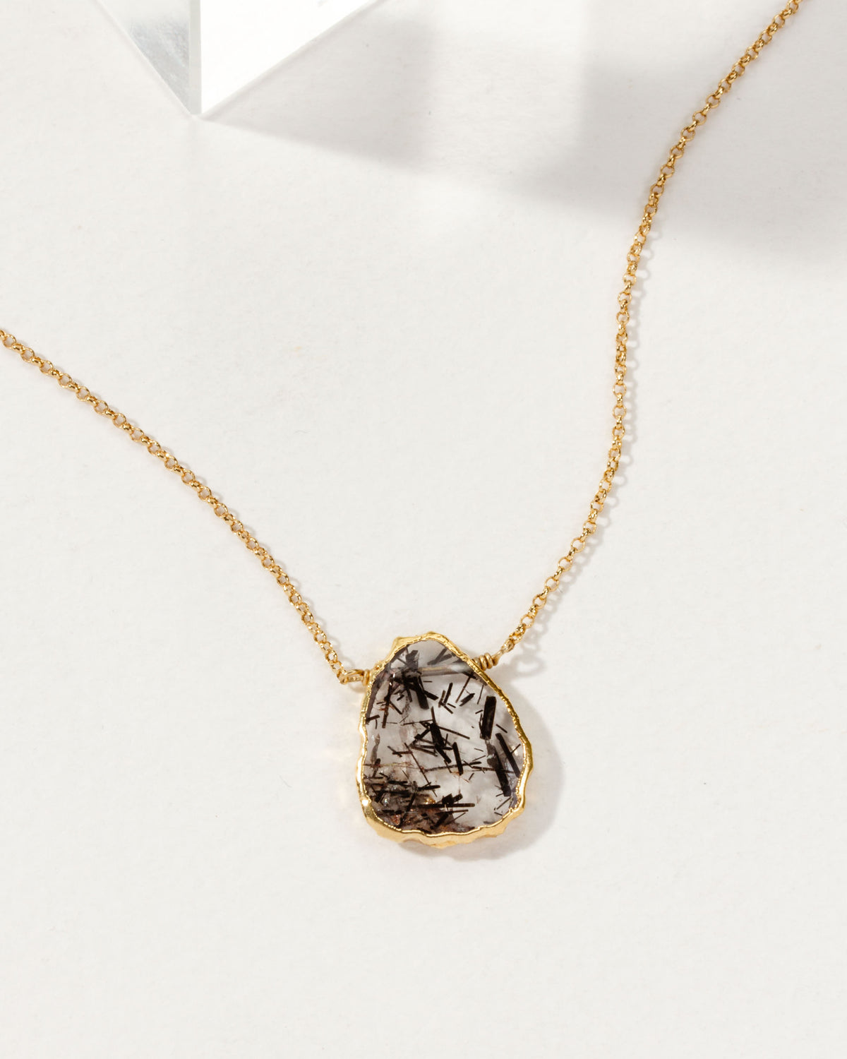 Tourmalinated Quartz Earth, Wind, and Fire Necklace with gold-plated chain