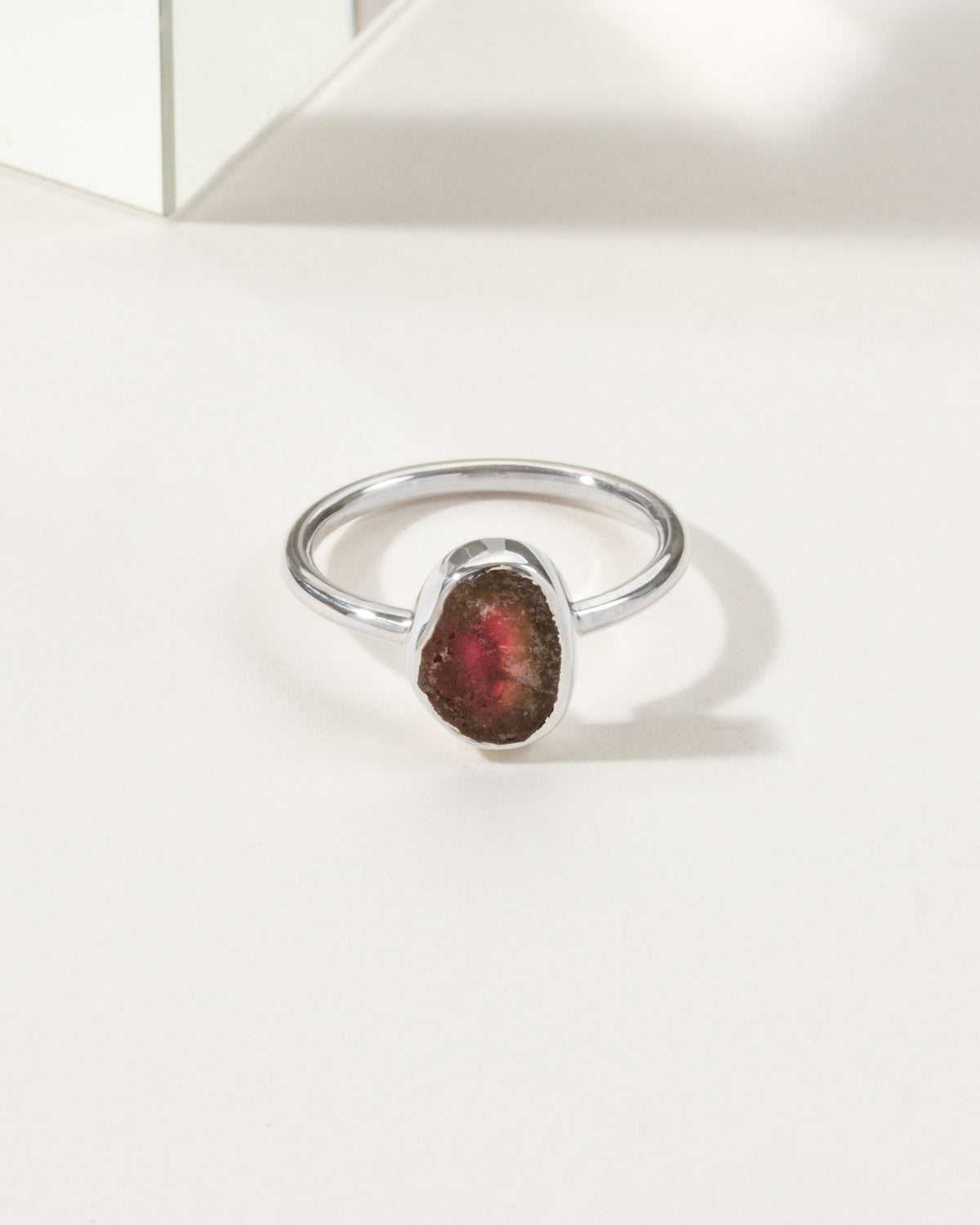 Sterling silver ring featuring a watermelon tourmaline gemstone.