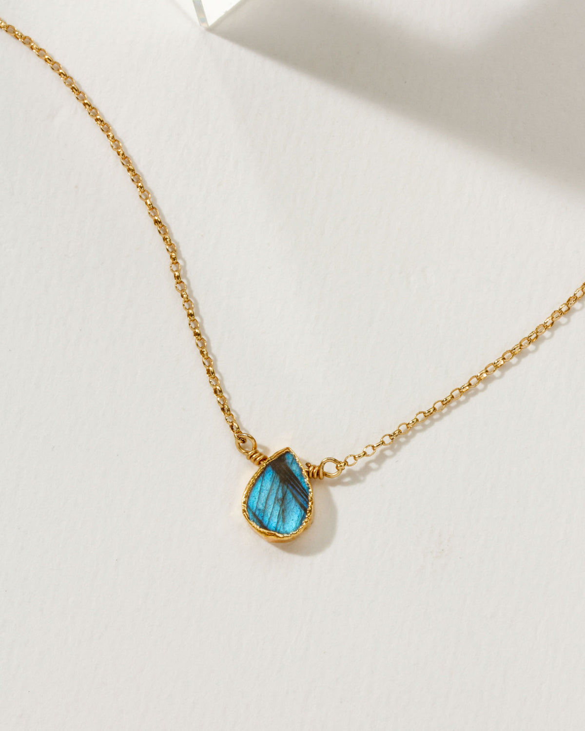 14k Gold Plated Brass necklace with Labradorite teardrop-shaped gemstone pendant.