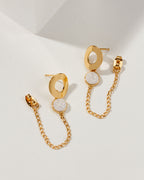 Earrings with a white druzy quartz stone, a gold circle, and a chain, on a white background.