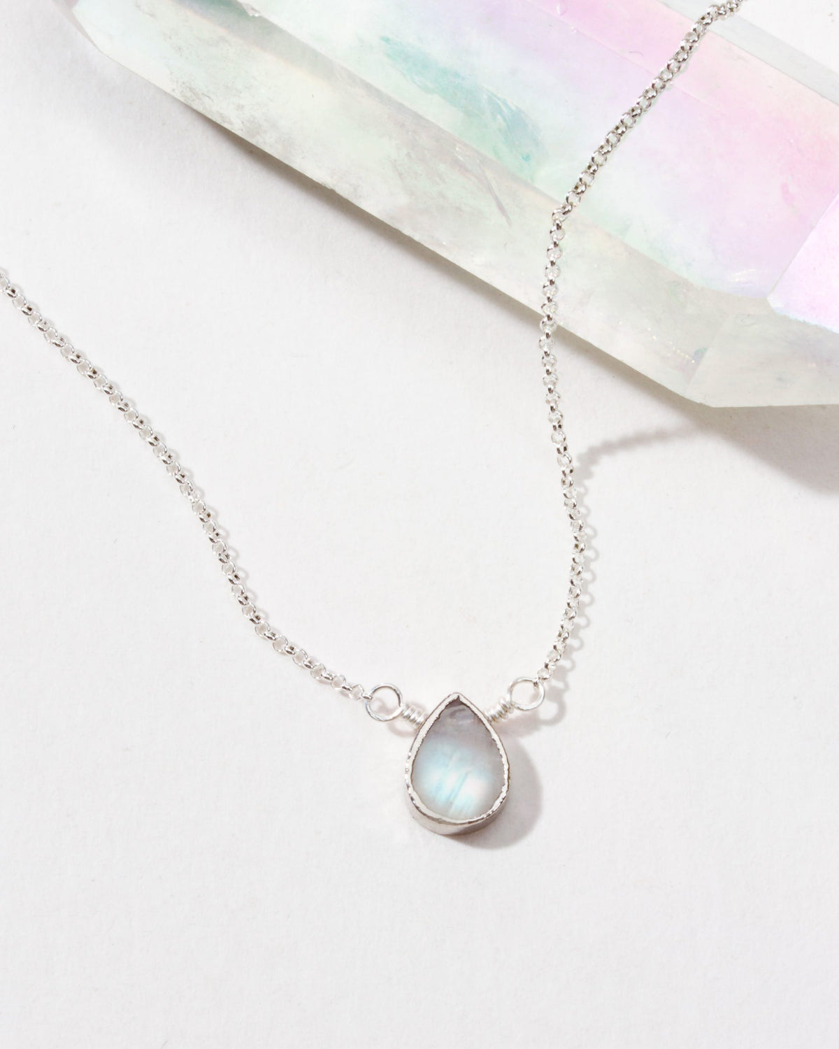 Gemstone Birthstone Necklace with moonstone pendant and silver-plated chain, June's birthstone