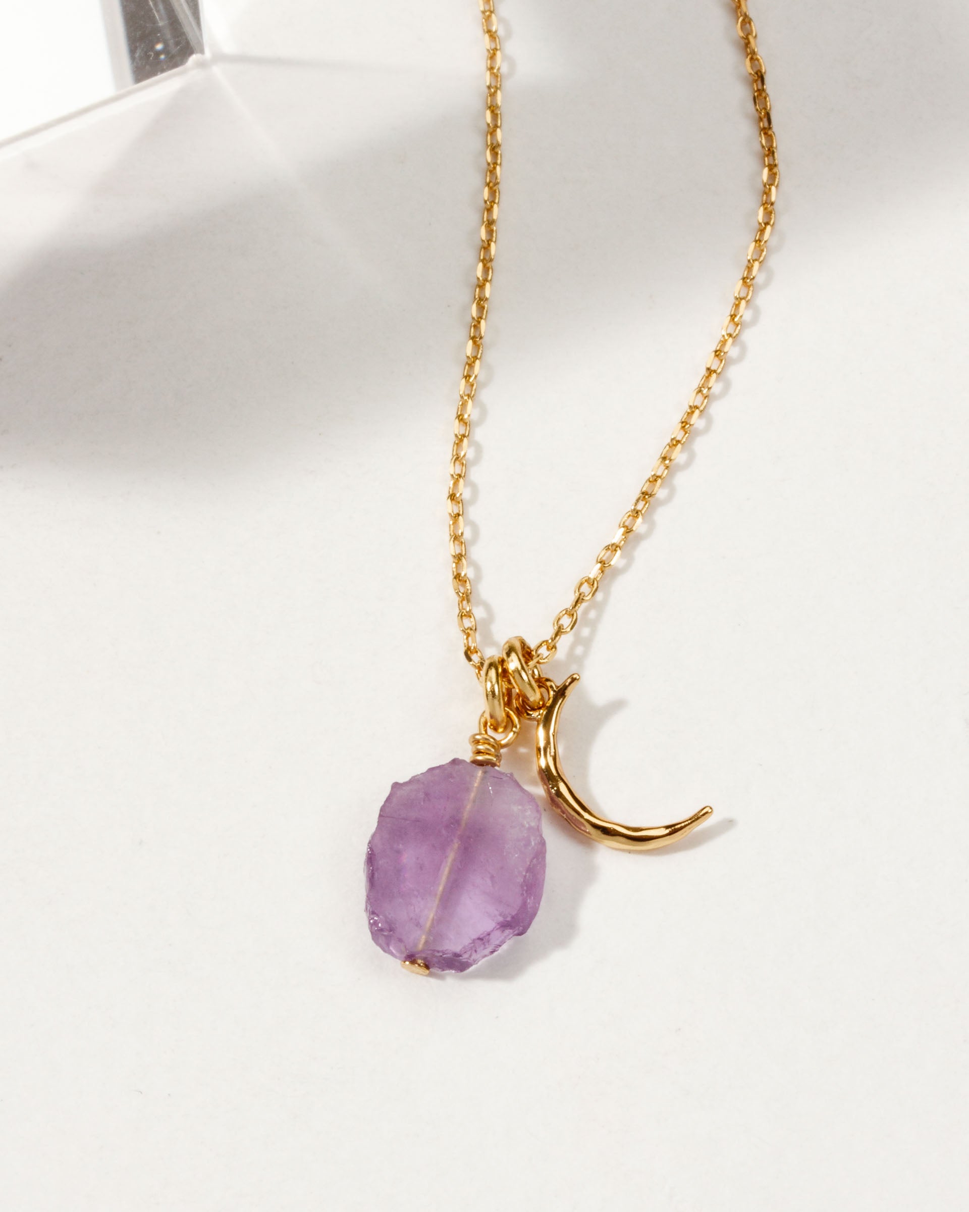 Gold necklace with amethyst gemstone and crescent moon charm.