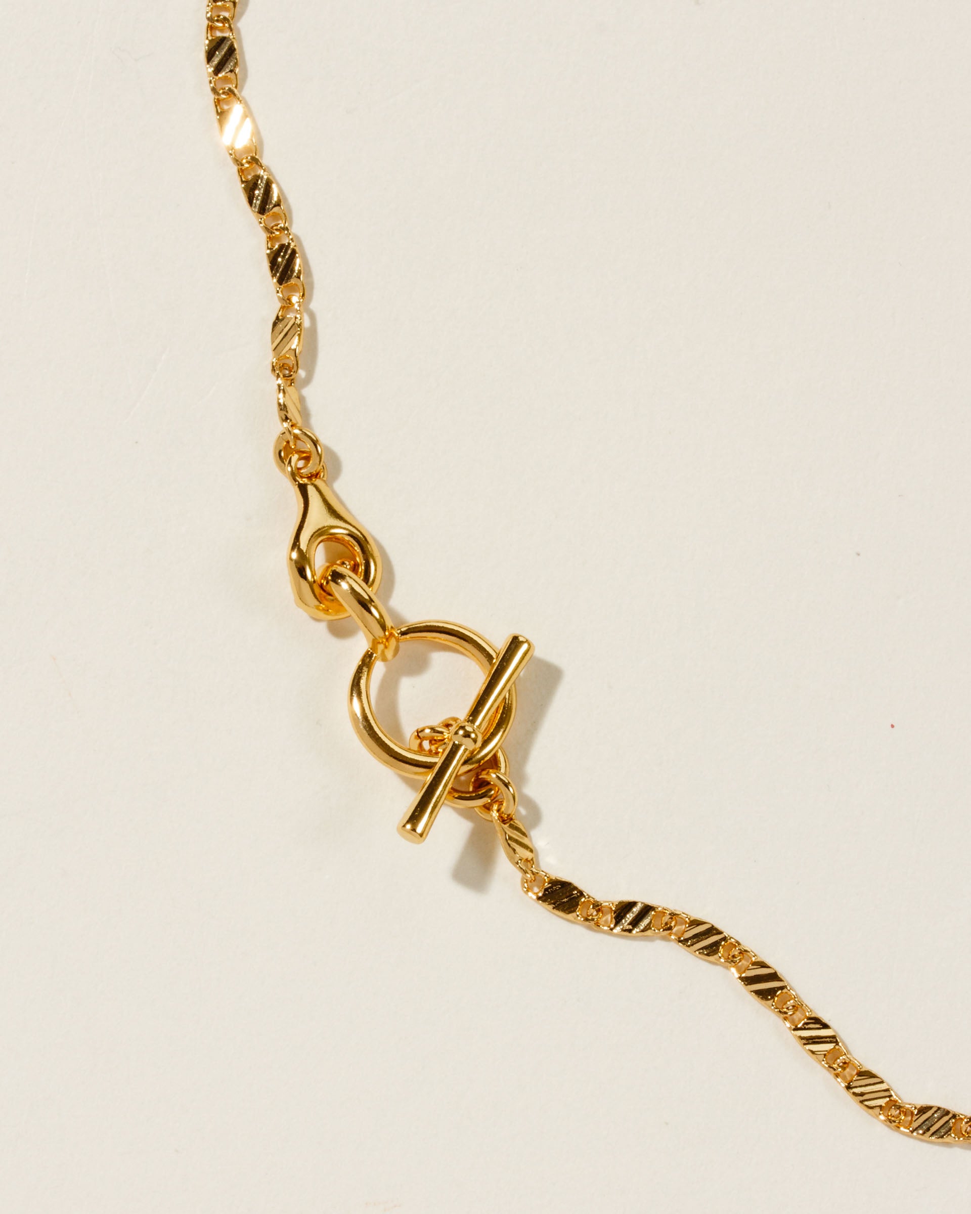Close-up of the Adorned Toggle Necklace, showing the golden chain and clasp.