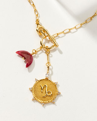 Capricorn Zodiac symbol gold plated toggle necklace with ruby crescent moon by Luna Norte
