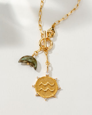 Aquarius Zodiac symbol gold plated toggle necklace with labradorite crescent moon by Luna Norte