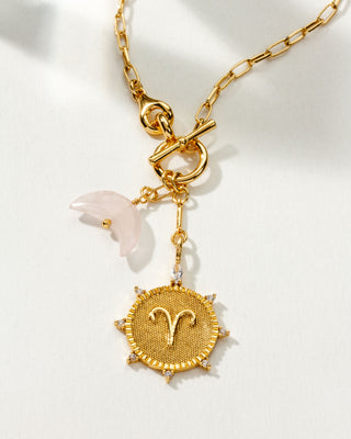 Aries Zodiac symbol gold plated toggle necklace with Rose Quartz crescent moon by Luna Norte