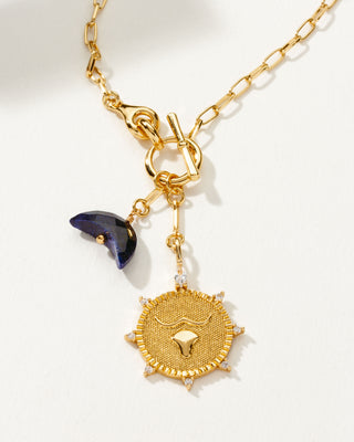 Taurus Zodiac symbol gold plated toggle necklace with Sapphire crescent moon by Luna Norte
