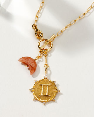 Gemini Zodiac symbol gold plated toggle necklace with Sunstone crescent moon by Luna Norte