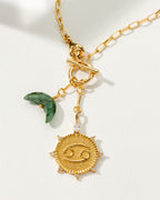 Cancer Zodiac symbol gold plated toggle necklace with Emerald crescent moon by Luna Norte