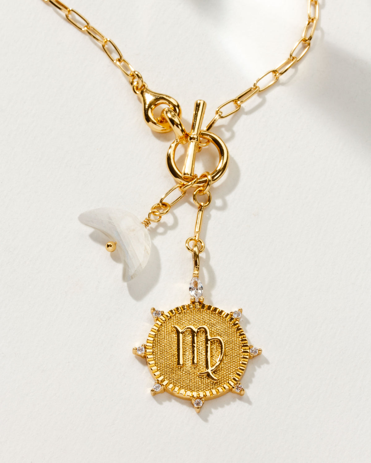 Virgo Zodiac symbol gold plated toggle necklace with Moonstone crescent moon by Luna Norte