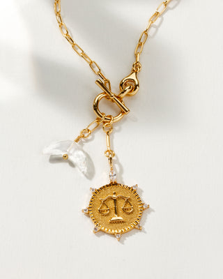 Libra Zodiac symbol gold plated toggle necklace with quartz crescent moon by Luna Norte