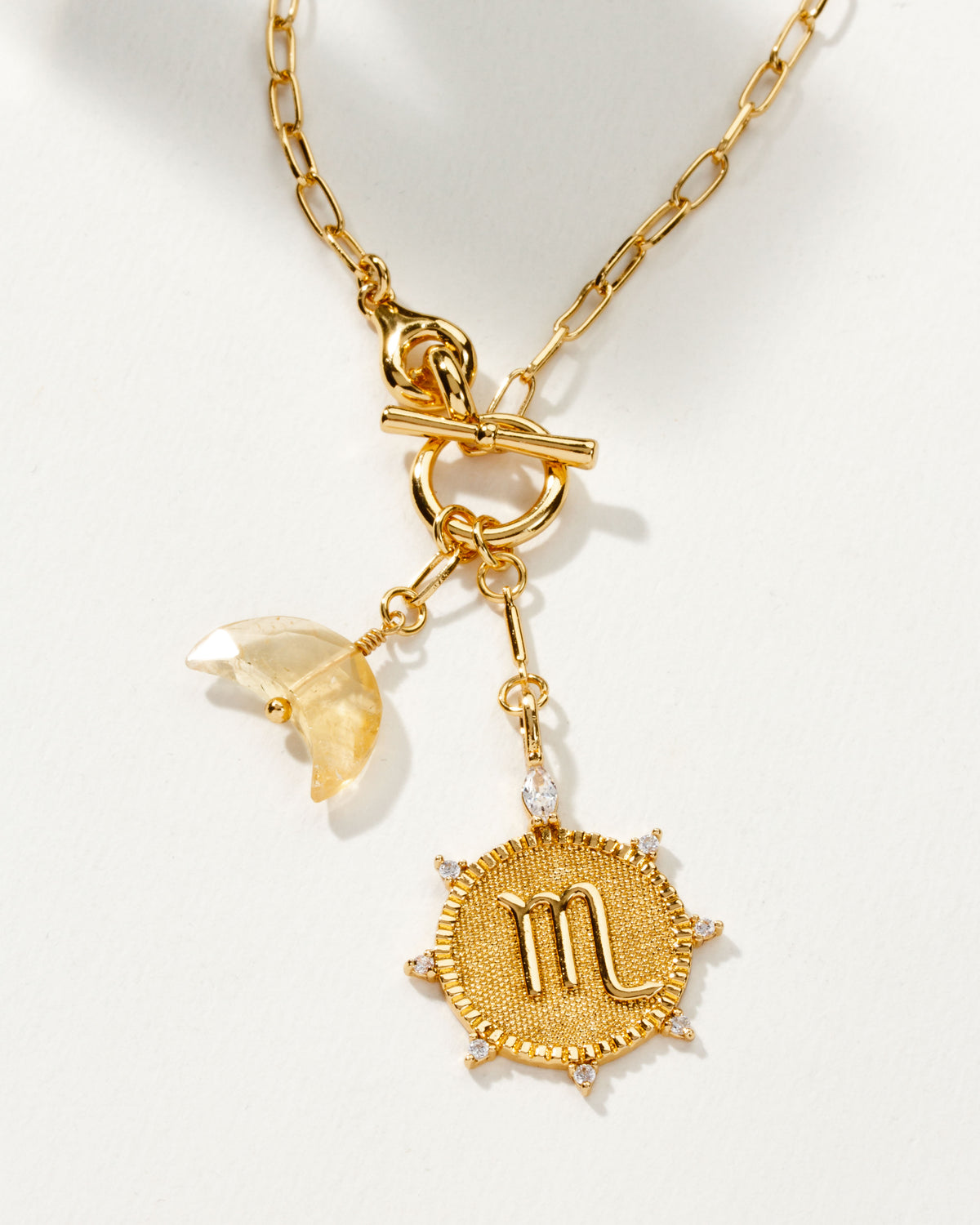 Scorpio Zodiac symbol gold plated toggle necklace with Citrine crescent moon by Luna Norte