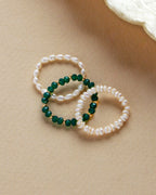 Change of Tides Stretch Ring Set in Green Chalcedony and pearl.