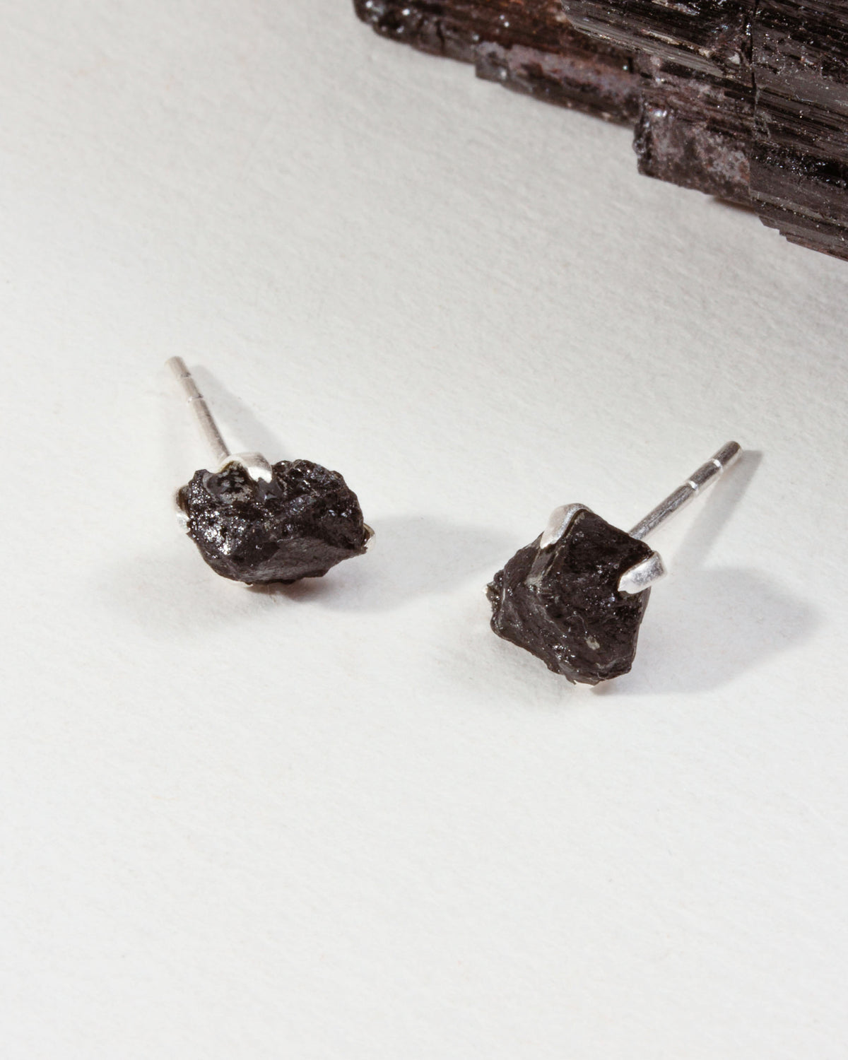 Two Black Tourmaline Raw Beauty Post Earrings in Sterling Silver.