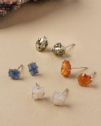 Raw Beauty Post Earrings in sterling silver: Pyrite, Kyanite, and Sunstone gemstones are displayed.