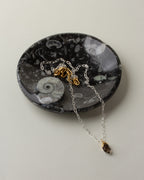 Black Journey of Life Catchall with a silver chain necklace and a brown smoky quartz pendant.