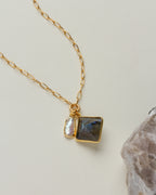 Gold chain necklace with Labradorite and pearl charms.
