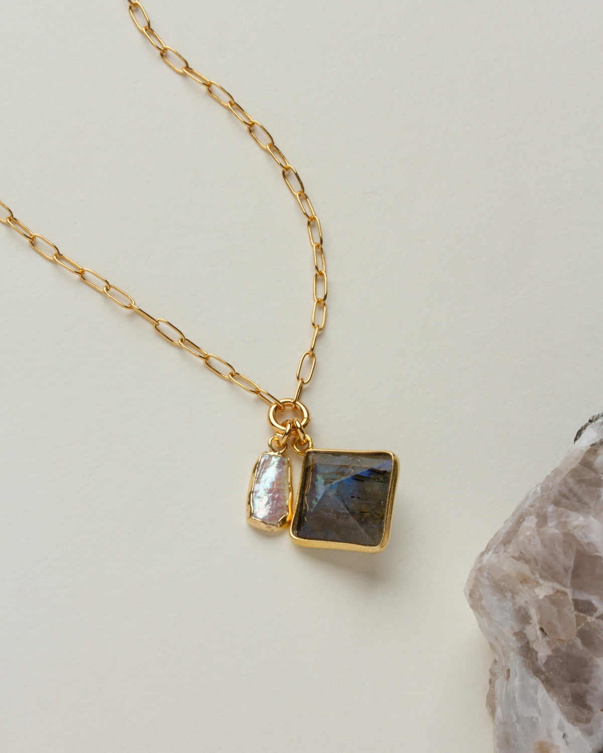 Gold chain necklace with Labradorite and pearl charms.