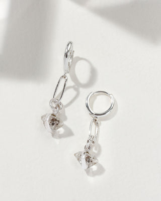 Silver plated brass earrings with Herkimer Quartz charms dangle from small hoops.