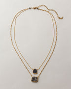 Gold layered necklace with black druzy crystal and black/white stone pendants.