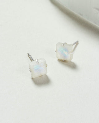 Moonstone Raw Beauty Birthstone Post Earrings on a white tabletop